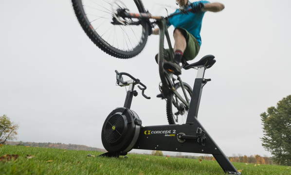 mountain biker jumping over the bikeerg 